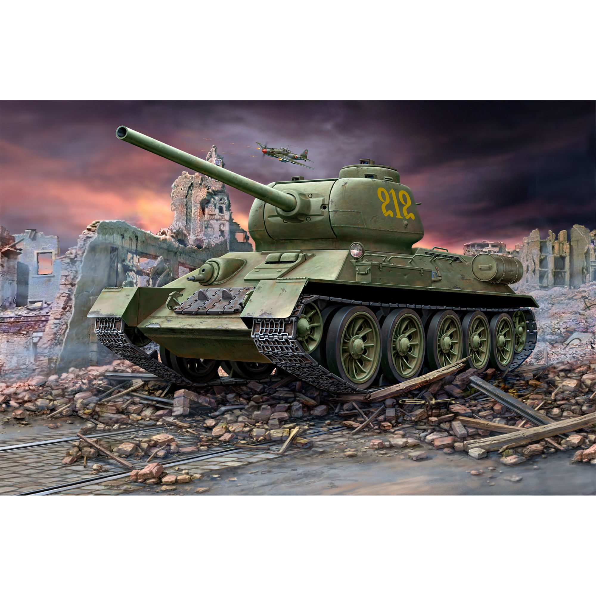 Model T-34/85 w scenerii zniszczonego miasta