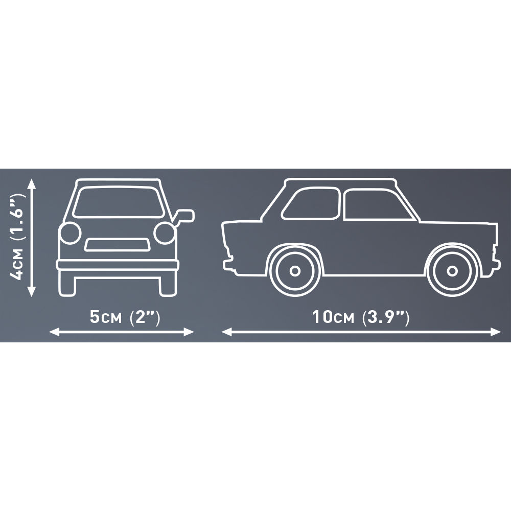 Wymiary modelu Trabant 601 Deluxe: 10 cm długości, 5 cm szerokości i 4 cm wysokości