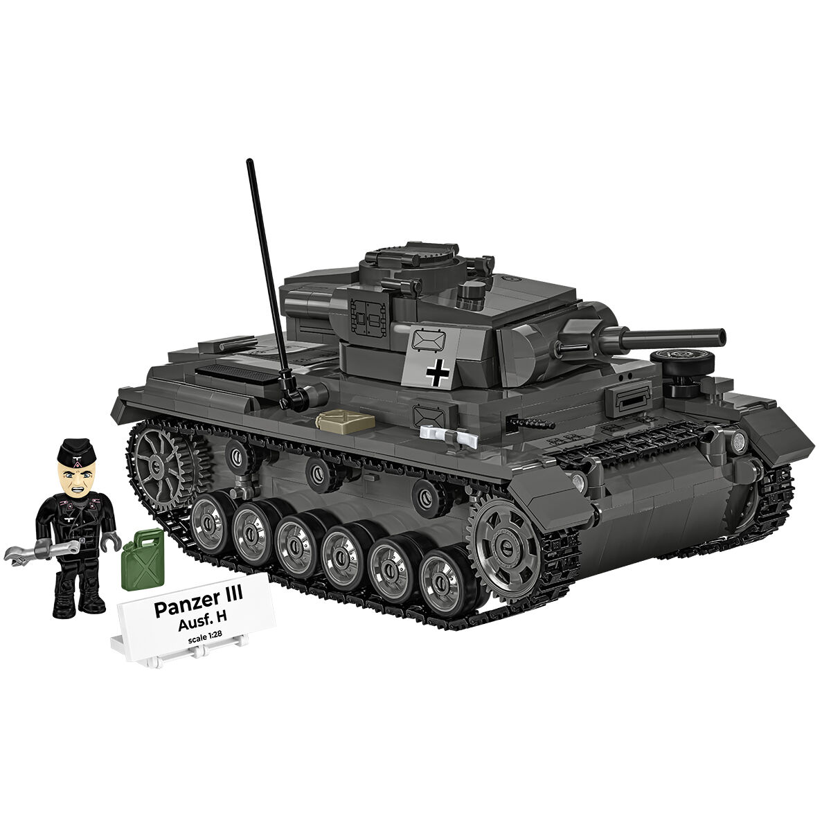 Zbudowany model Panzer III Ausf. H z figurką dowódcy i tabliczką kolekcjonerską