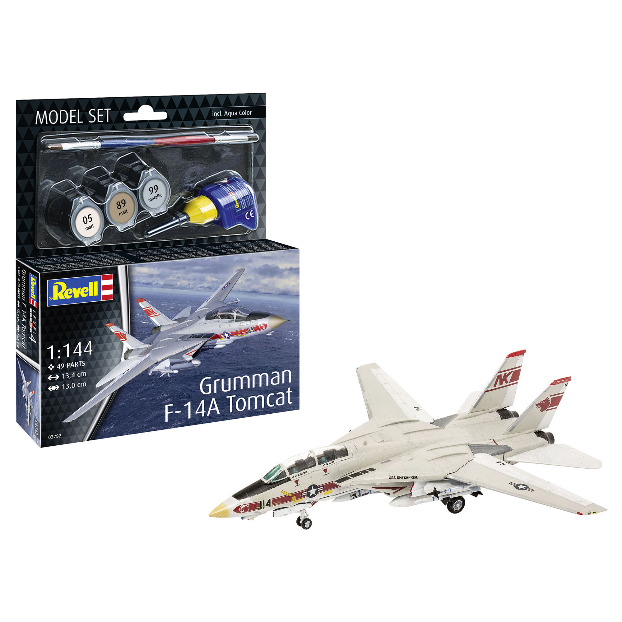 Zmontowany model Grumman F-14A Tomcat obok pudełka zestawu