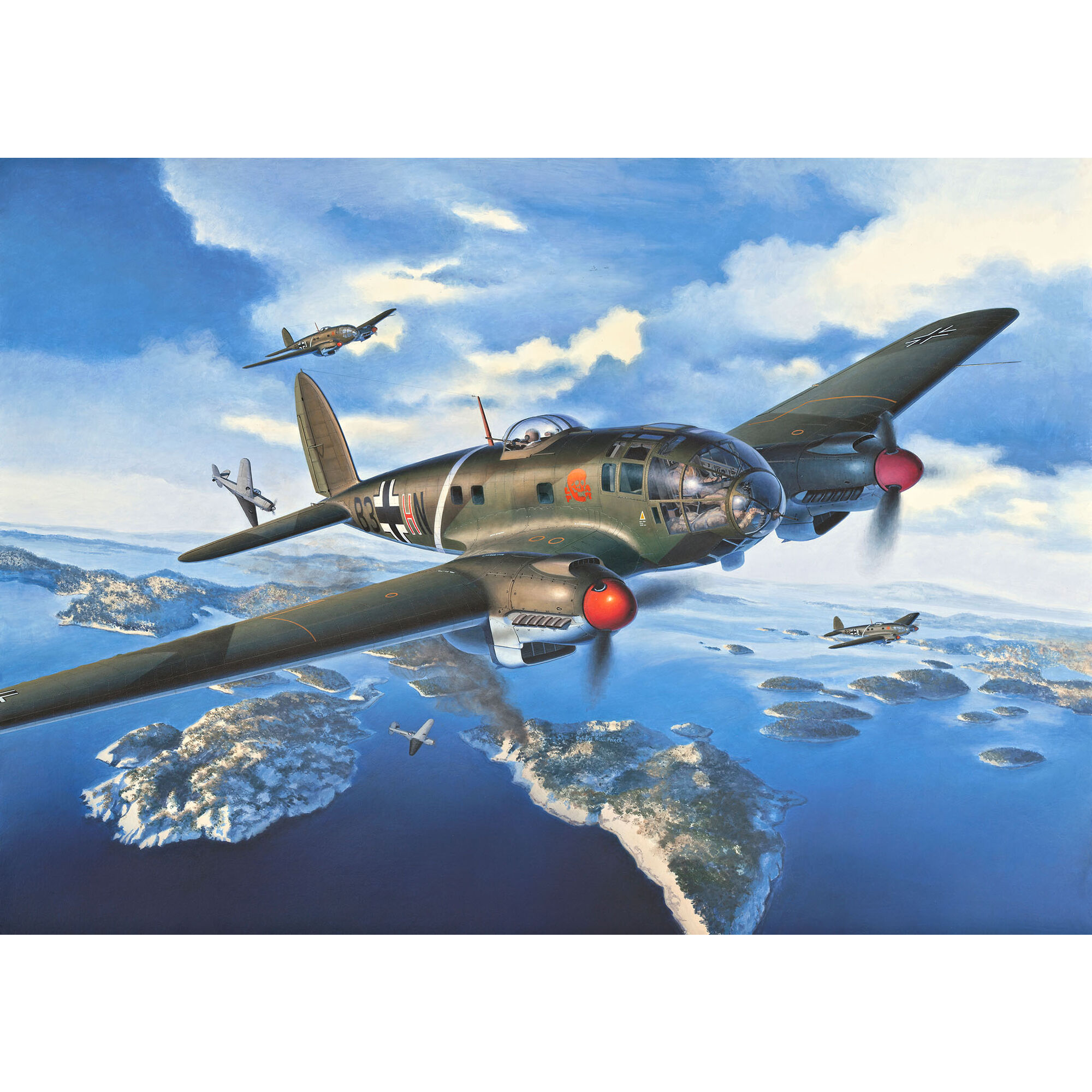 Ilustracja bombowca Heinkel He 111 nad wybrzeżem