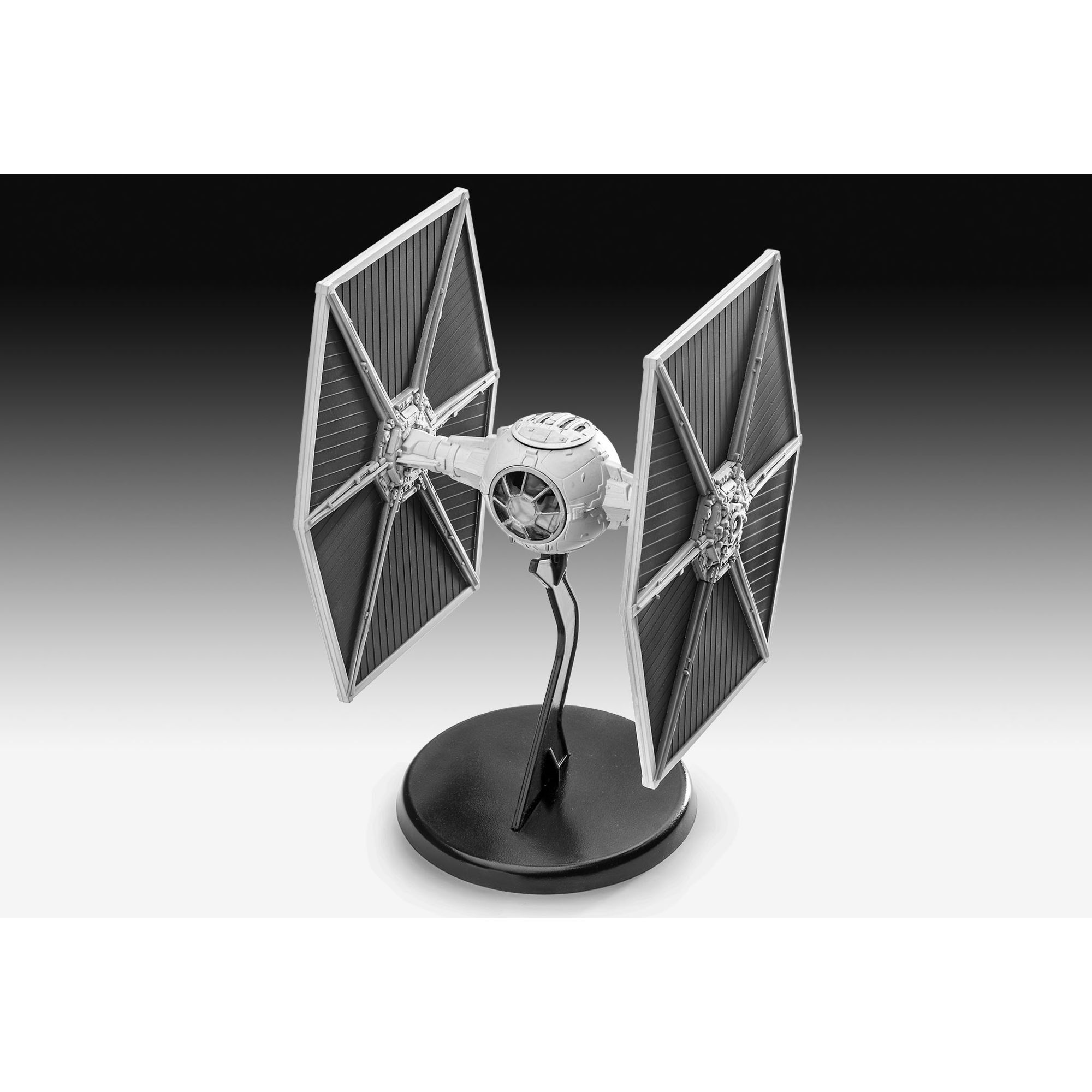 Złożony model myśliwca TIE Fighter na stojaku