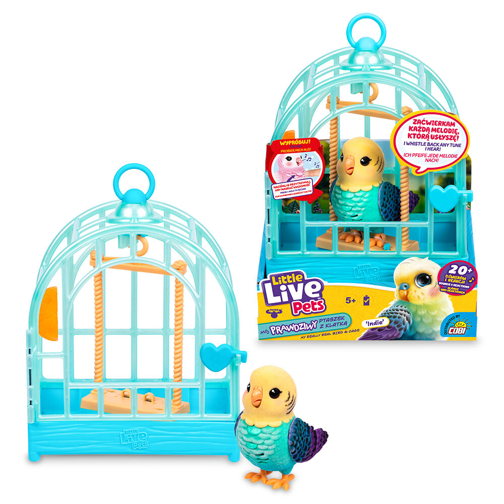 Ptaszek Little Live Pets obok klatki z huśtawką
