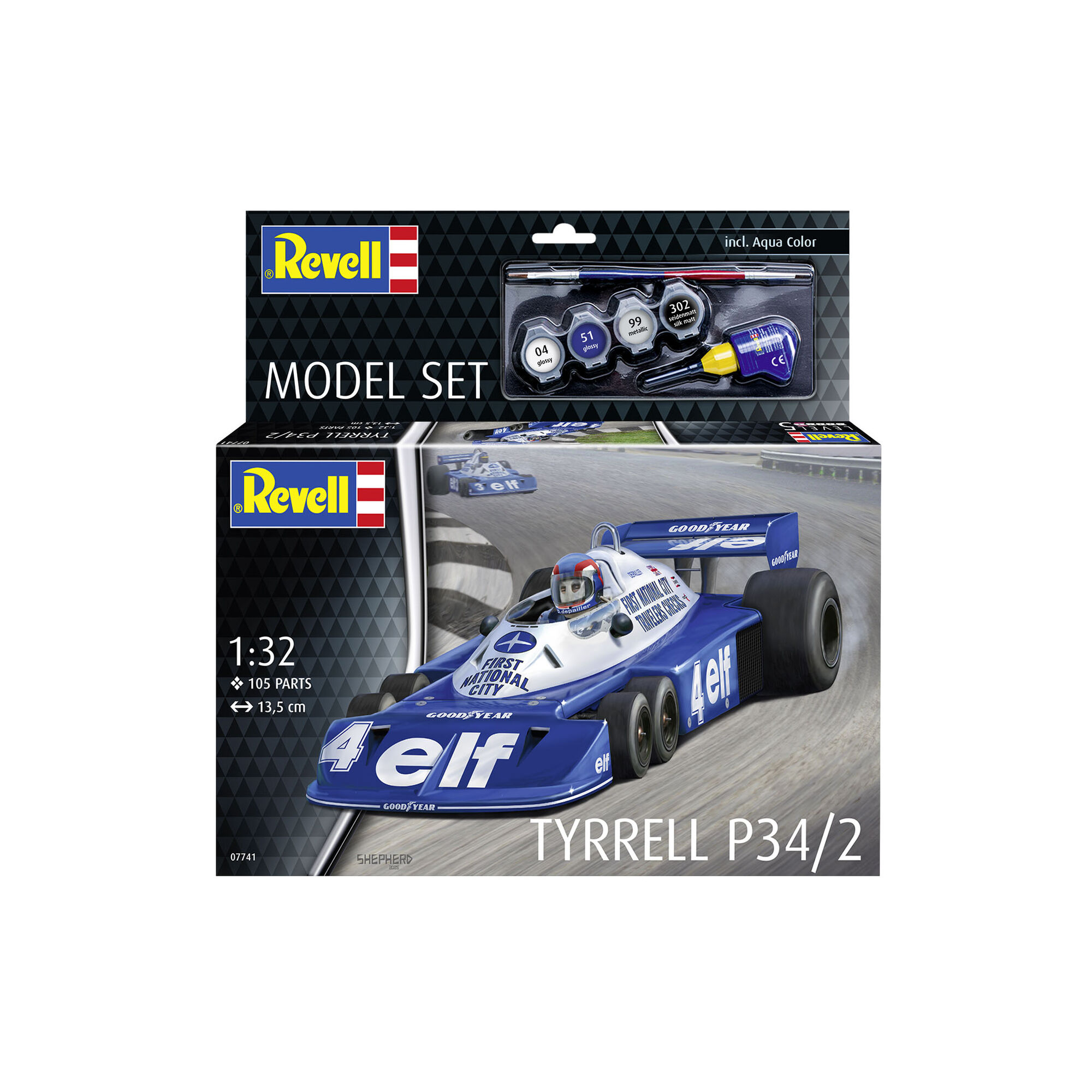 Opakowanie zestawu Revell Tyrrell P34/2 z farbami Aqua Color