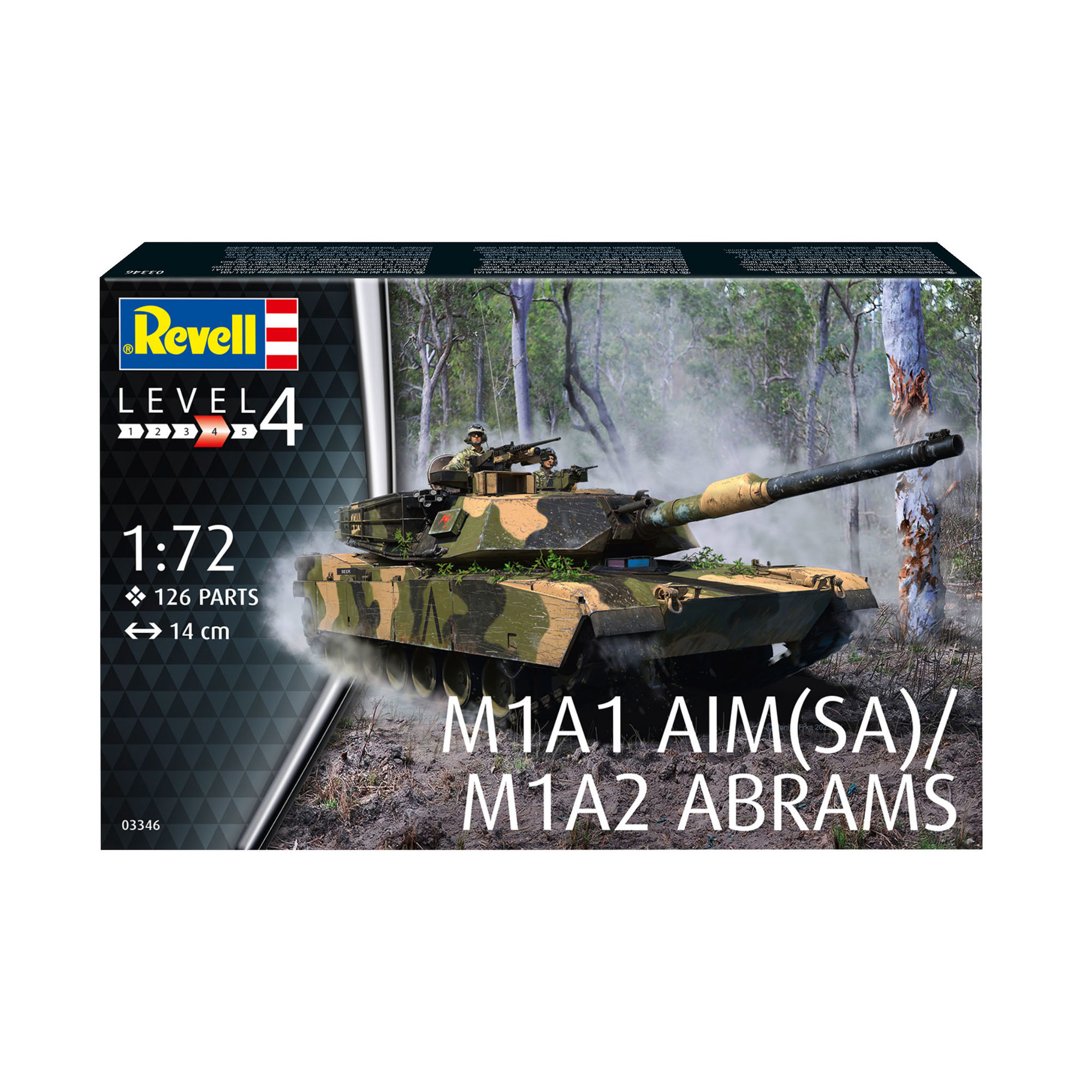Model M1A1 AIM (SA)/M1A2 Abrams w skali 1:72 na tle opakowania