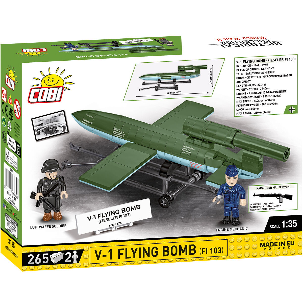 Model V-1 Flying Bomb z dwiema figurkami i wózkiem transportowym