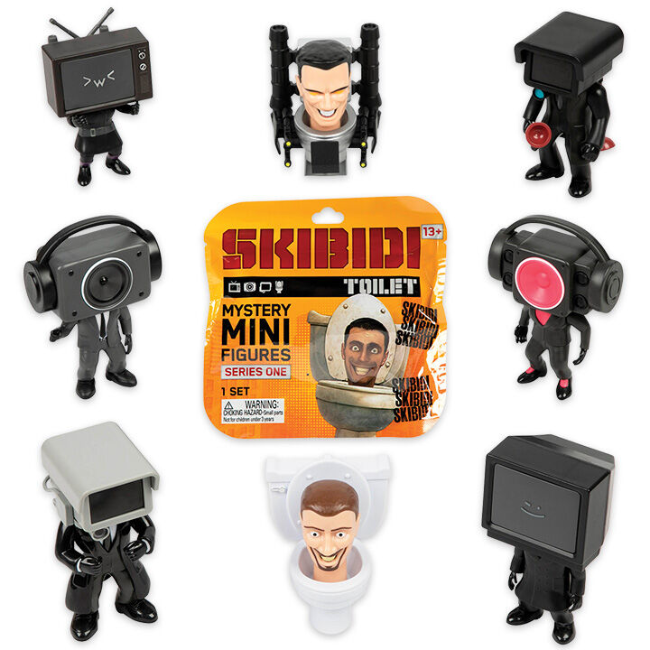 Osiem przykładowych mini figurek Skibidi Toilet z opakowaniem