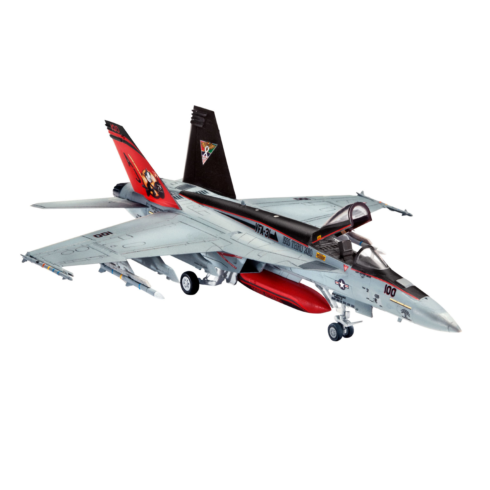 Złożony model F/A-18 E Super Hornet z podwoziem i uzbrojeniem
