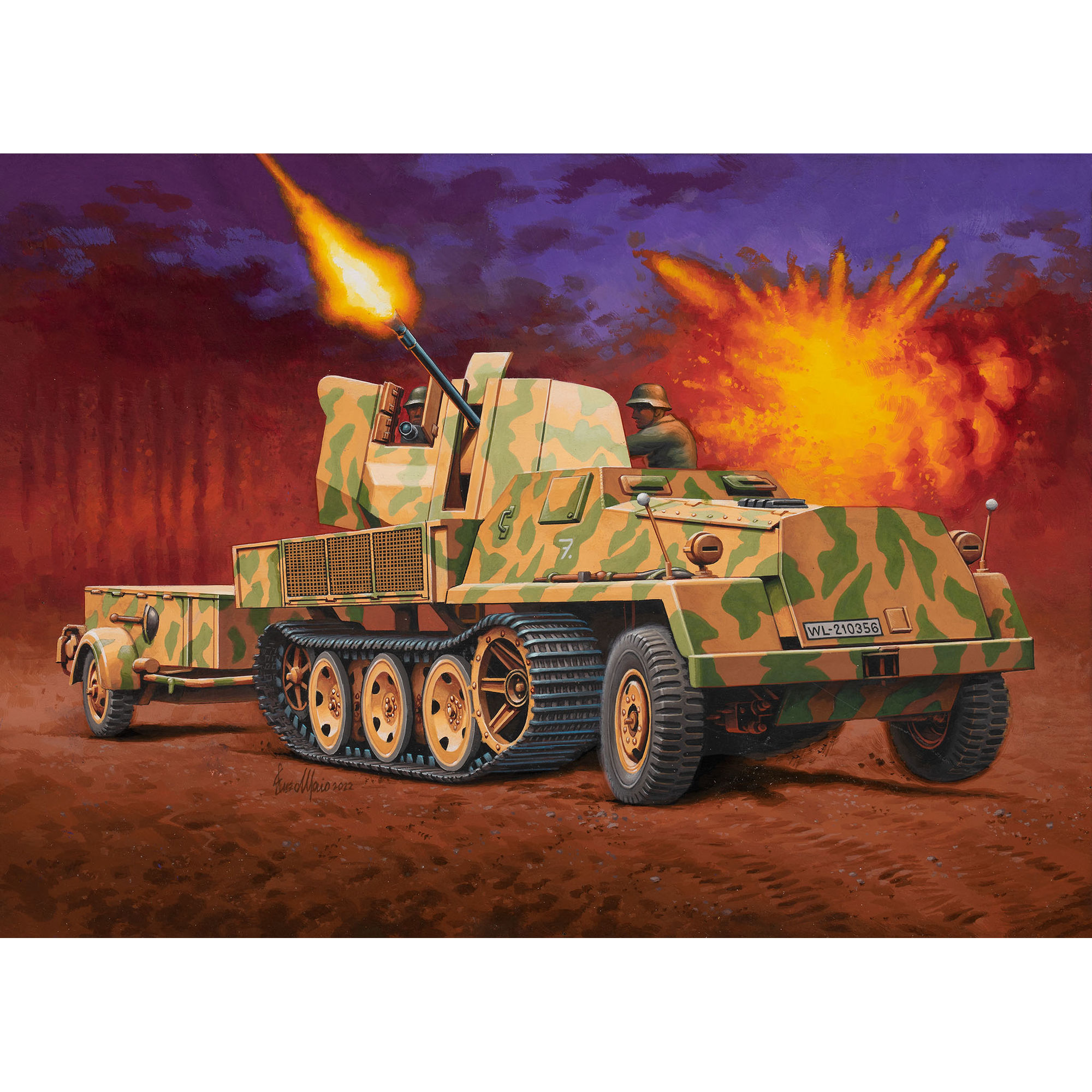 Model sWS z armatą Flak 43 i przyczepą amunicyjną w scenerii frontowej