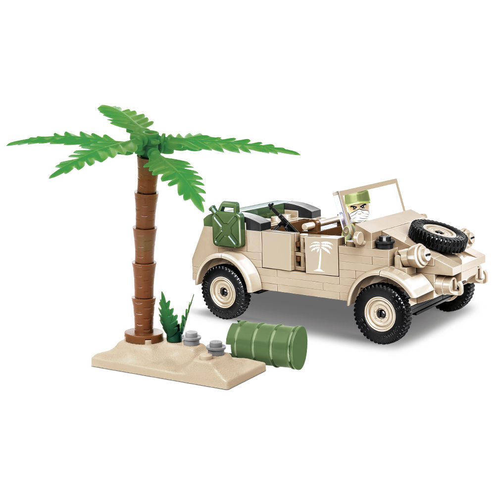 Model VW Typ 82 Kübelwagen z palmą, skałą i beczką