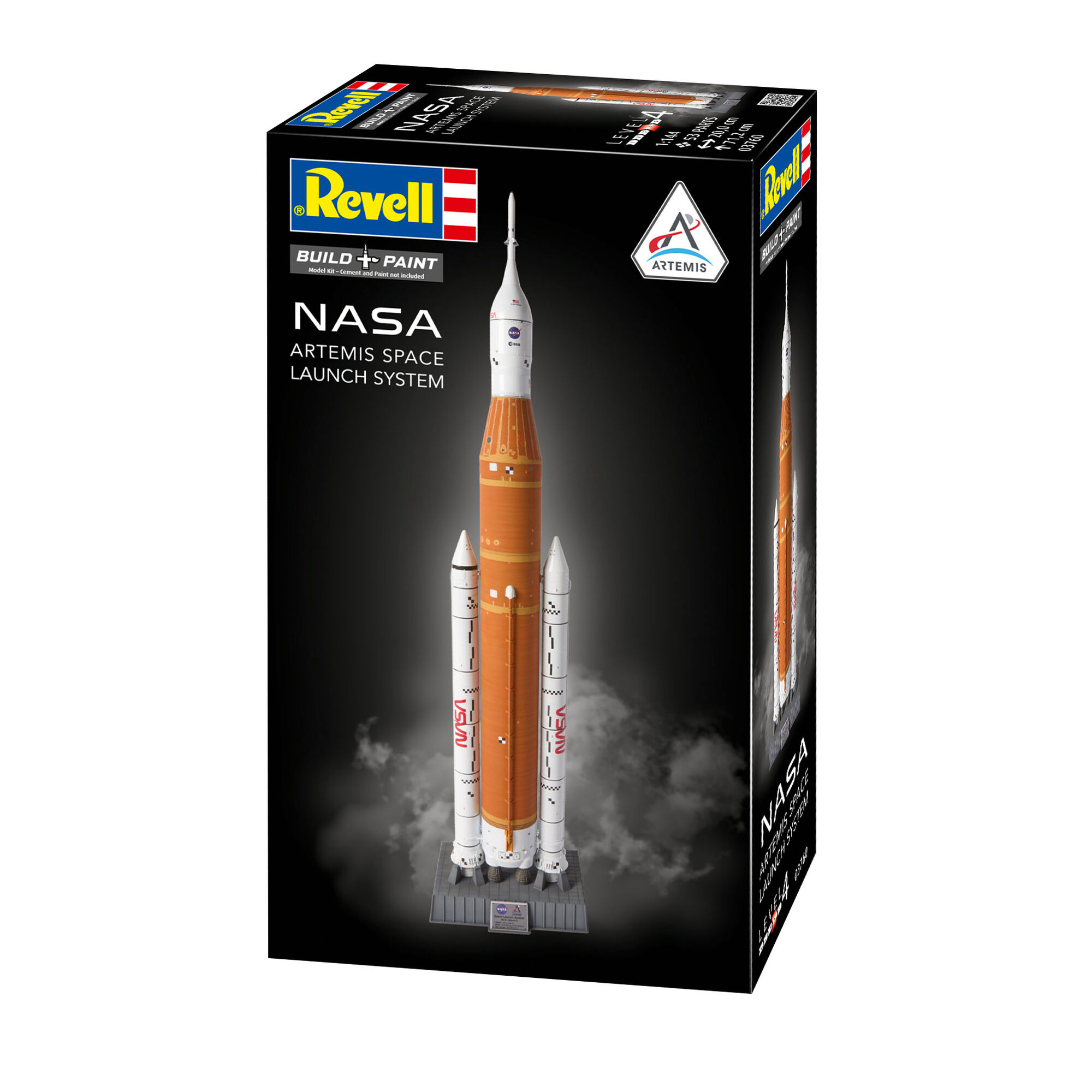 Model NASA Artemis SLS z widocznymi bocznymi boosterami