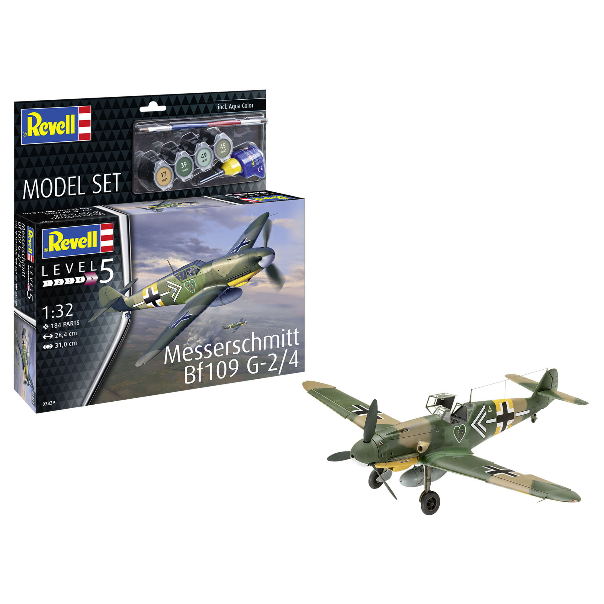 Złożony model Messerschmitta Bf 109 G-2/4 obok pudełka zestawu