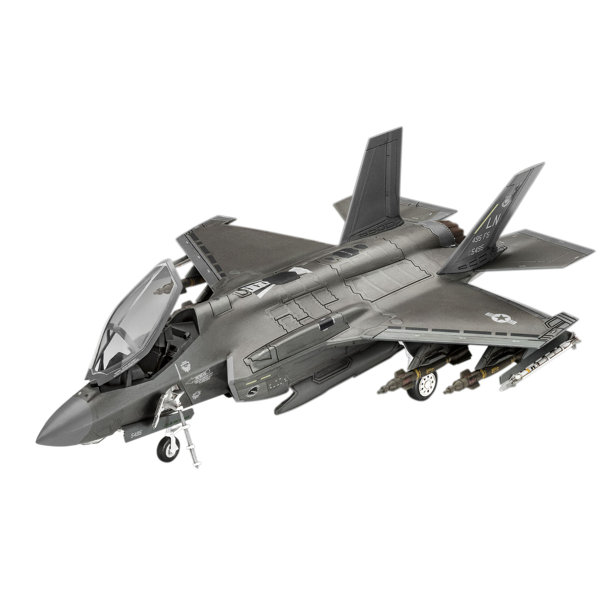 Zbliżenie złożonego modelu F-35A Lightning II z podwoziem i uzbrojeniem