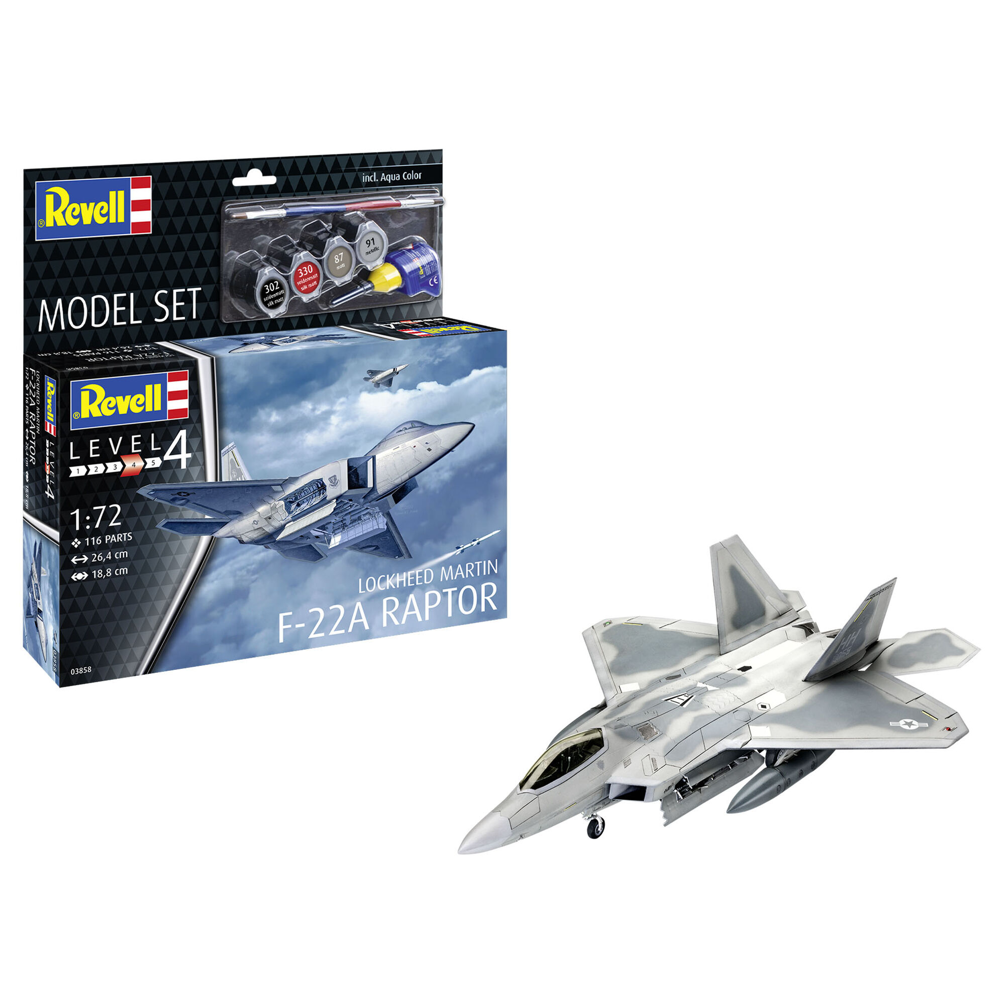 Złożony model samolotu F-22A Raptor z podwoziem i uzbrojeniem