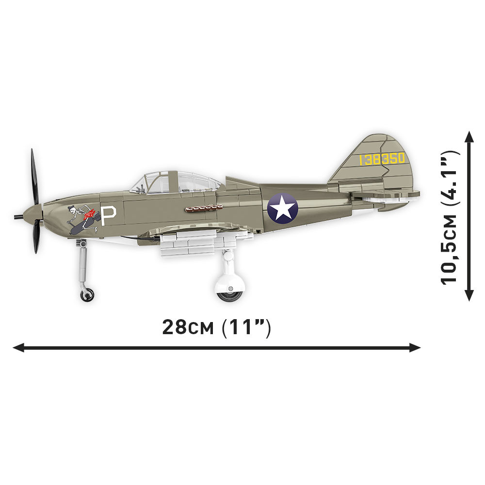 Boczny widok modelu Bell P-39D Airacobra z wymiarami