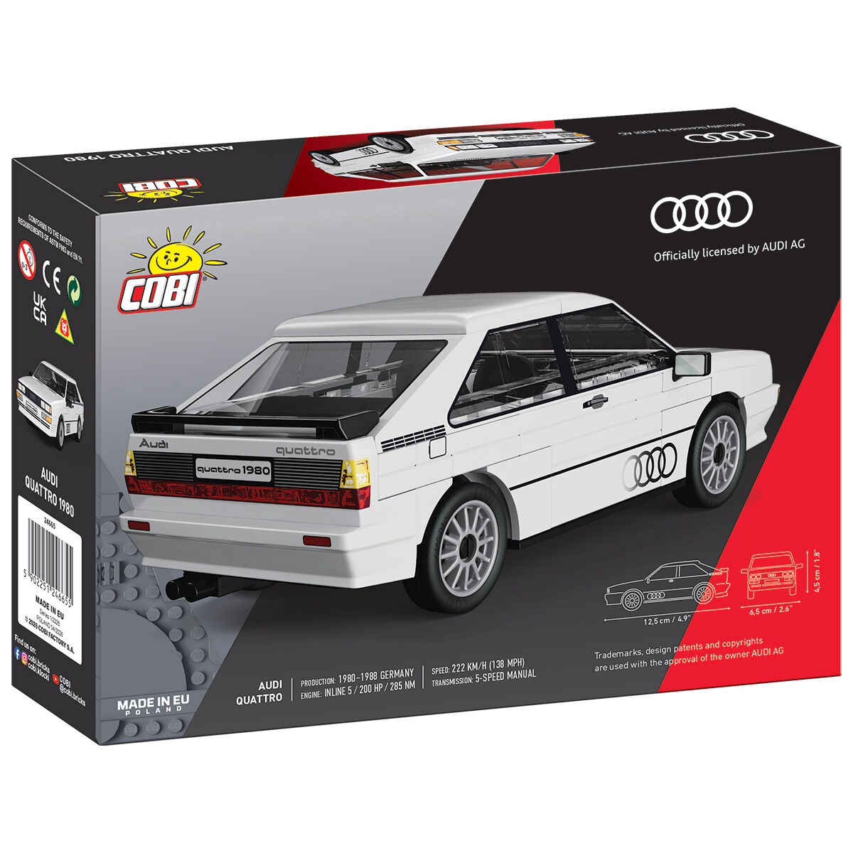 Biały model Audi quattro (1980) – widok z tyłu na opakowaniu