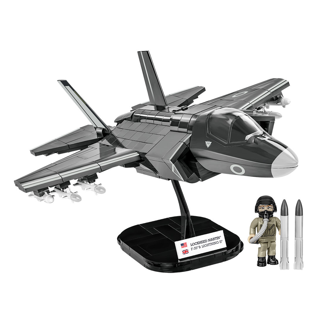 Model F-35B Lightning II na podstawce ekspozycyjnej z figurką pilota